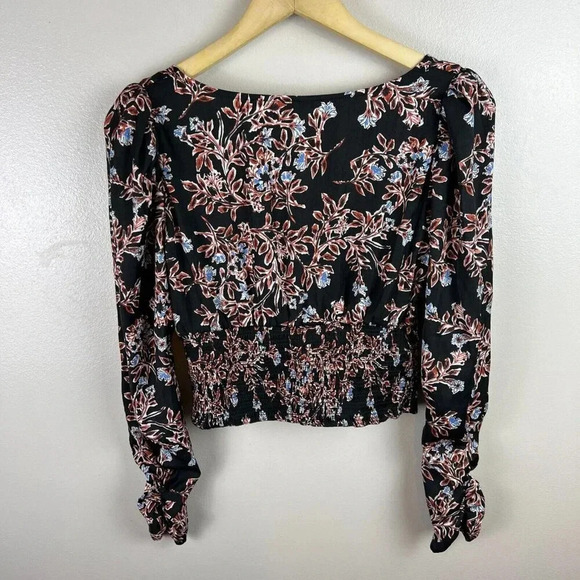 Free People Santiago Top Blouse Size Small Cropped Floral Puff Sleeve Boho Black - Picture 8 of 10